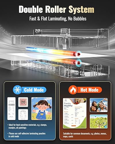 Miniatura 6 de Máquina laminadora de 13 pulgadas con recortadora de papel + 50 hojas + redondeador de esquina, modo doble calientefrío, tecnología antiatascos,