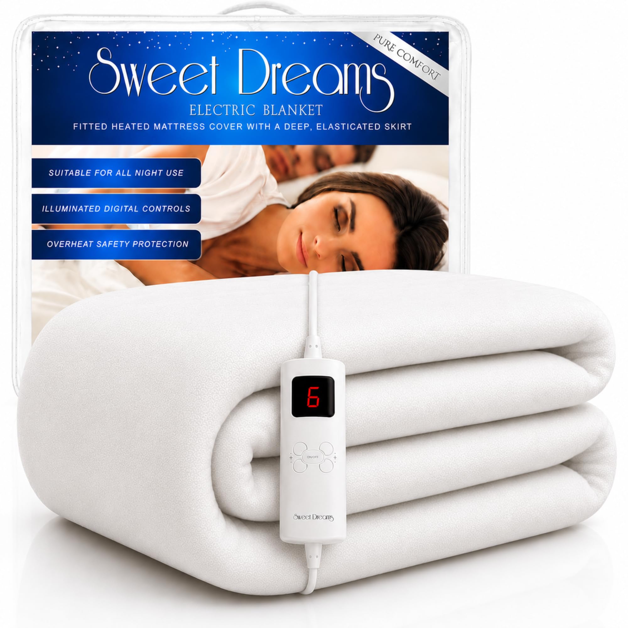Sweet Dreams White Electric Blanket Single Bed Size 107 X 203 X 40Cm, Fully Fitted Machine Washable Heated Mattress Under Cover Underblanket With Elasticated Skirt, Overheat Protection (Single)