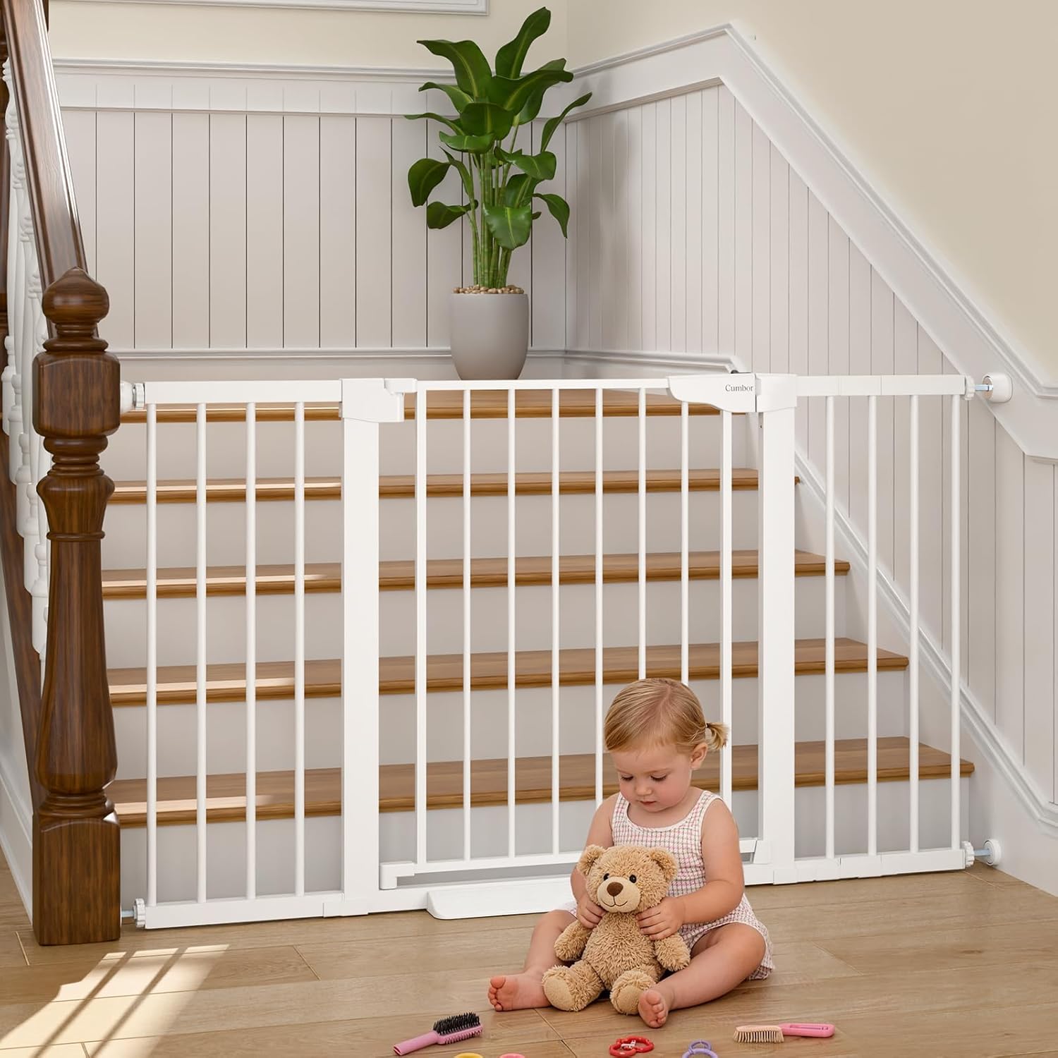 Cumbor 30-54" Extra Wide Baby Gate for Stairs, Dual Lock & Self-Closing Dog Gate Indoor, Easy Install Pet Gate for Doorways, Hallways & Kitchen, Easy Walk Thru Safety Proofing for Babies & Pets, White