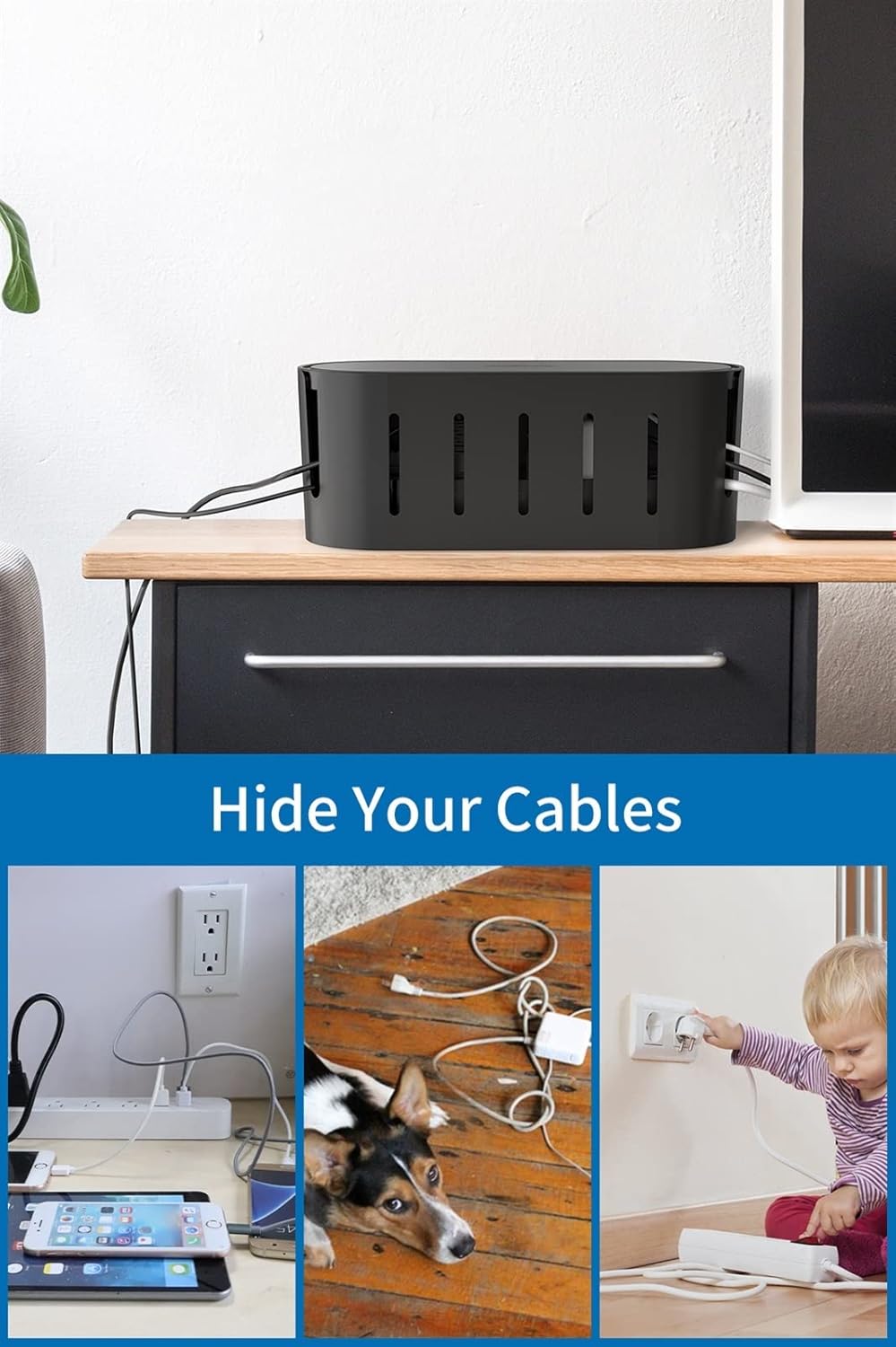 Cable Management Box Wall-mounted With Child Lock TV Computer Cable Management Device Suitable for Concealing the Power Supply Board and Cable Cords Organizer (Small Wood Color)