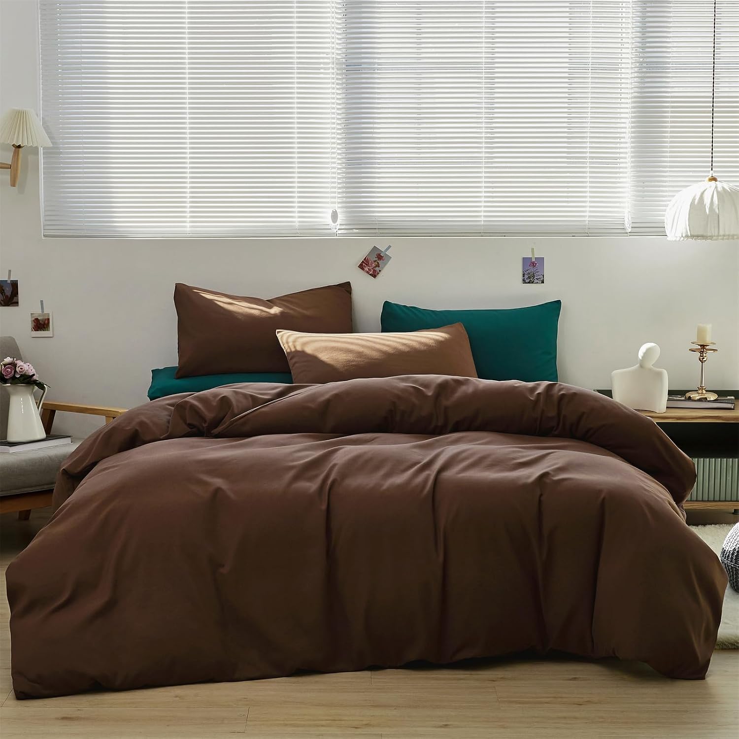 KAREVER Brown Comforter Set Queen Coffee Color Bedding Set 3 Pieces All Season Blanket Set Women Chestnut Brown Color Lightweight Comforter Set Queen Breathable Bed Comforter