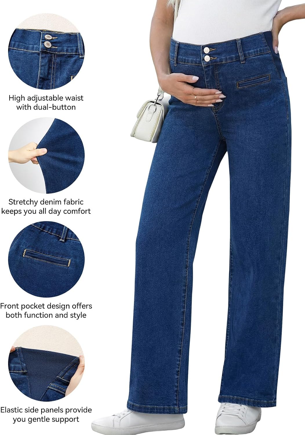 BLENCOT Women Wide Leg Stretch High Waist Maternity Jeans Denim Pants