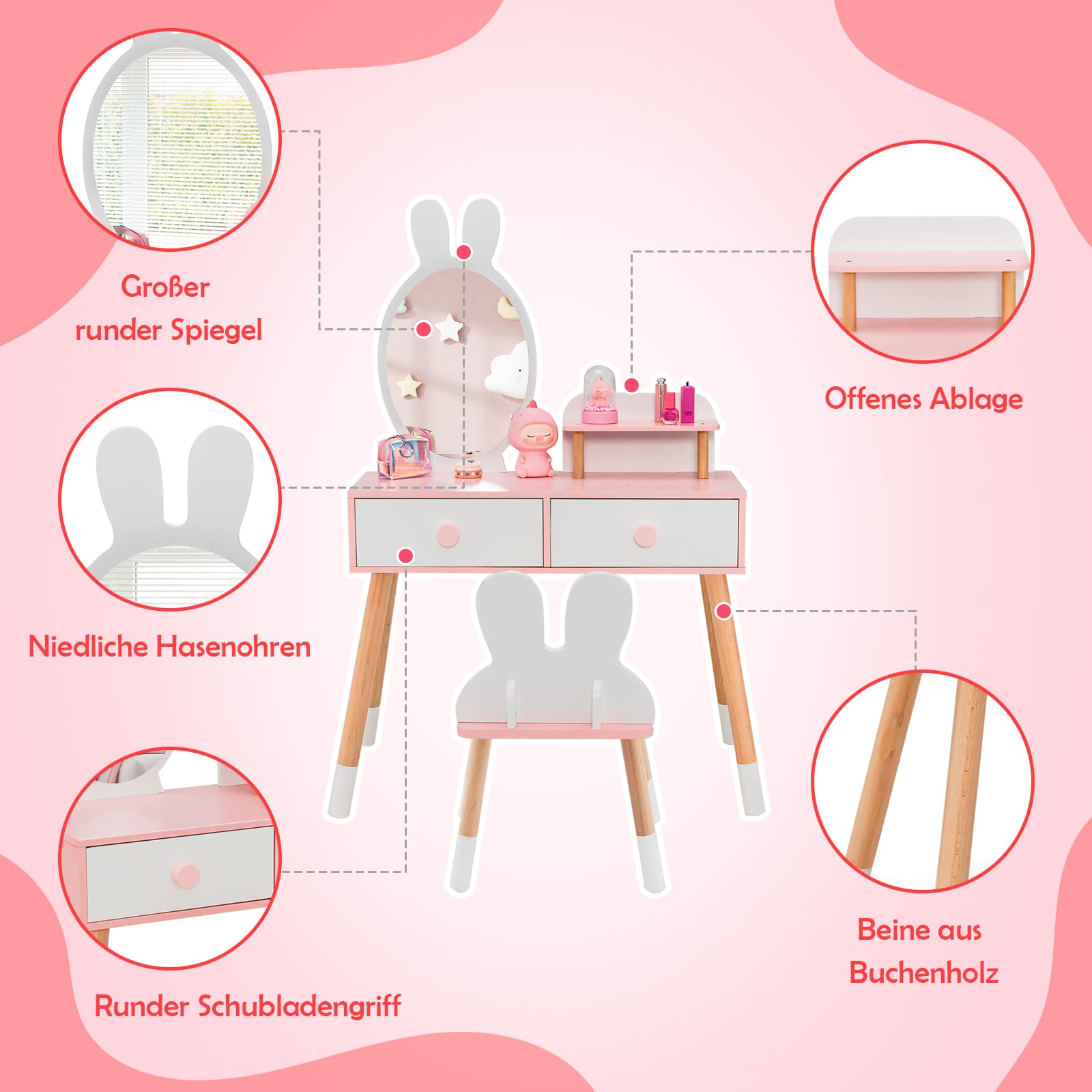 DREAMADE 2 in 1 Kinder Schminktisch mit Hocker und abnehmbarem Spiegel, Kinderschminktisch aus Holz, Prinzessin Frisiertisch Kosmetiktisch mit Schublade für Kinder Mädchen ab 3 Jahren (Weiß)