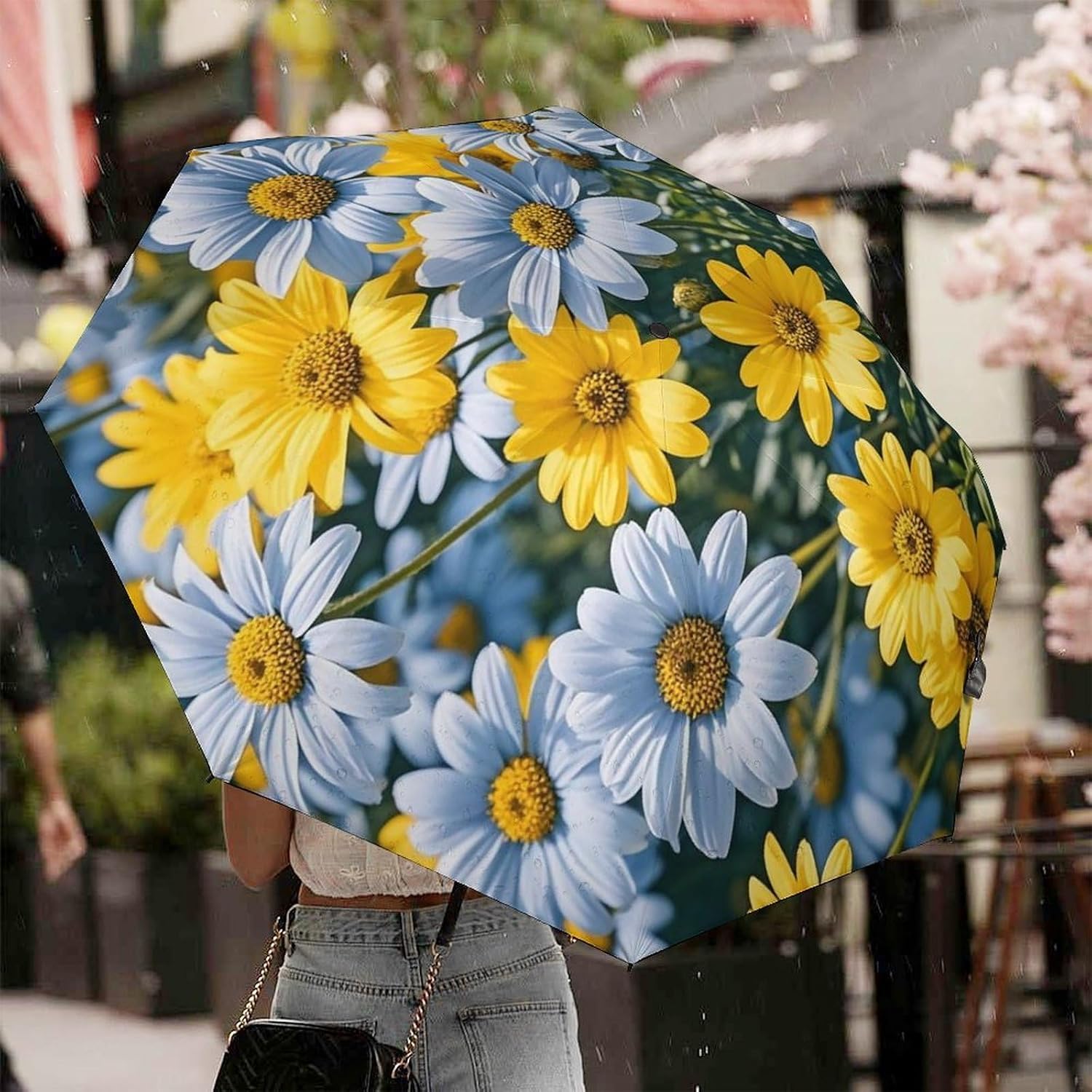 Blue And Yellow Flowers Golf Umbrellas-2 Fold Automatic,Windproof Umbrella with Portable,Strong,Folding Umbrella for Women Men