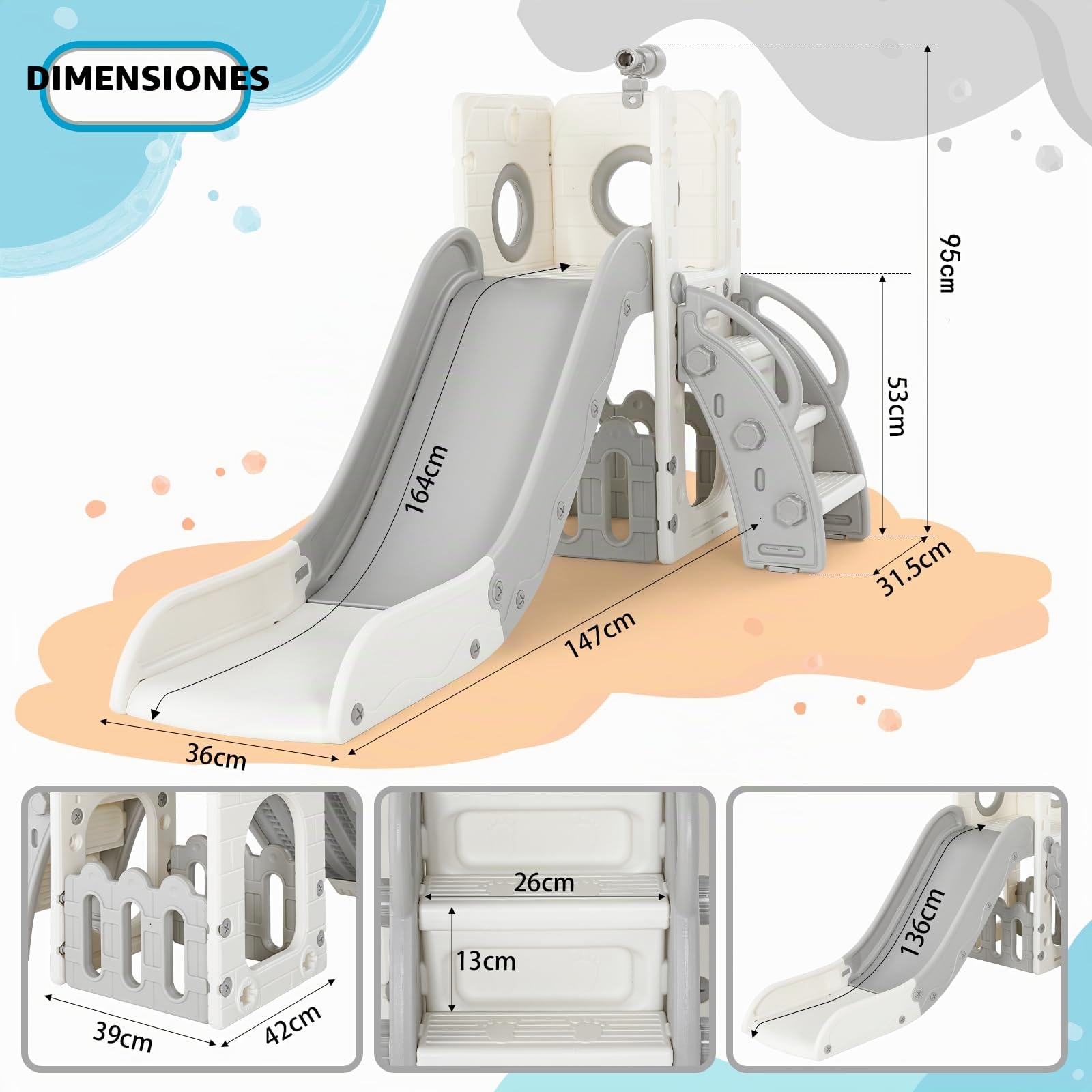 Tobogán Infantil, Tobogán para Niños 4 en 1, Toboganes Independientes, Tobogán Infantil Interior y Exterio, con Tobogán Largo, Escalada, Telescopio de Juego, Almacenamiento, Carga 60 kg, Gris Blanco