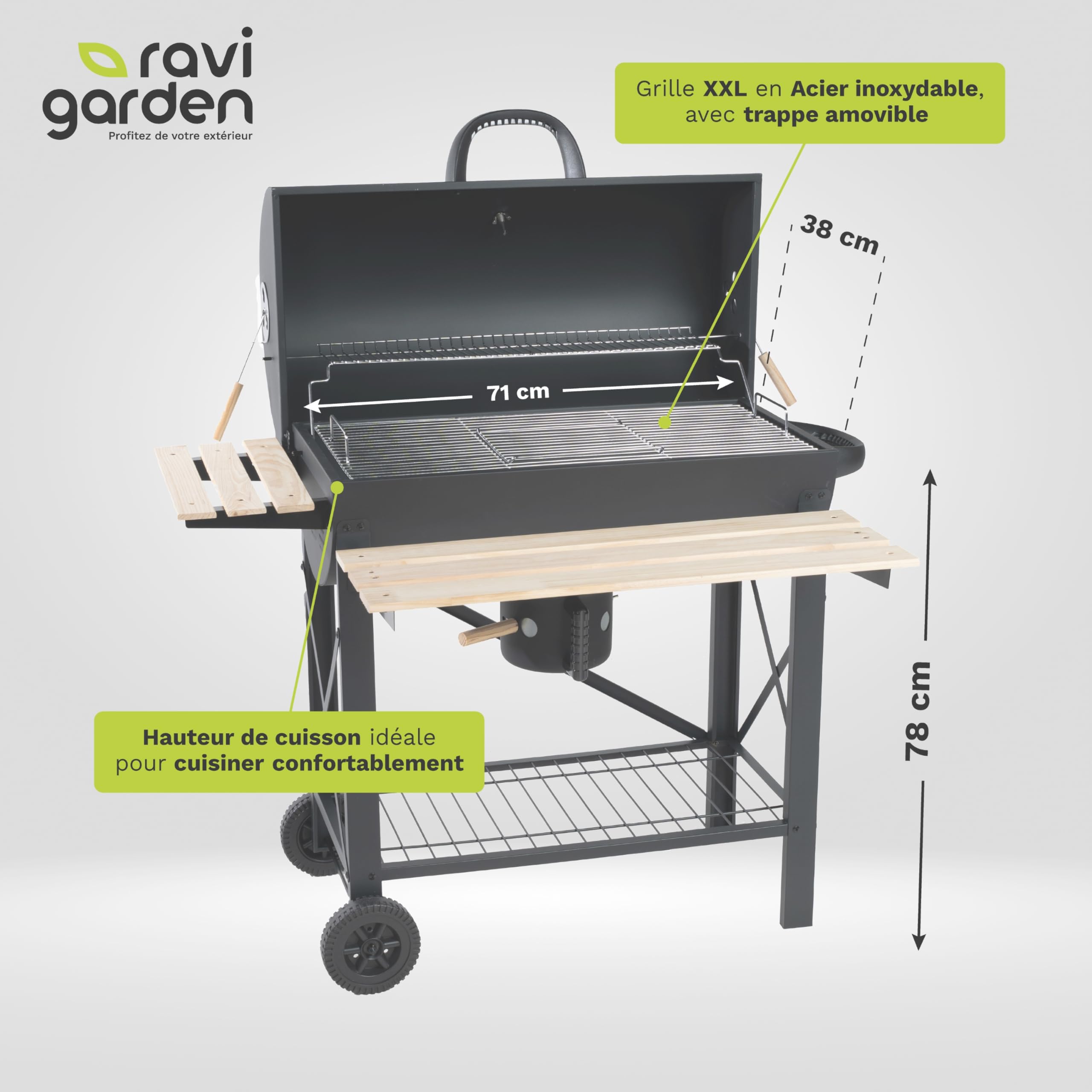 Barbecue Charbon de Bois XXL avec Couvercle, Grille 71x38 cm, 2 Tablettes Rabattables, Récupérateur de Cendres