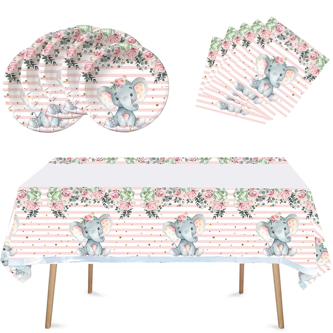 Elephant Baby Shower, Girl Elephant Birthday Party Supplies,41pcs include 20 Plates and 20 Napkins 1 Tablecloth,Pink Elephant Birthday Party Decoration
