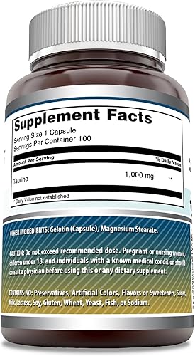 Miniatura 2 de Amazing Formulas Suplemento de aminoácidos taurina  1000 mg por porción  100 cápsulas  Sin OMG  Sin gluten  Fabricado en Estados Unidos  Paquete de 3