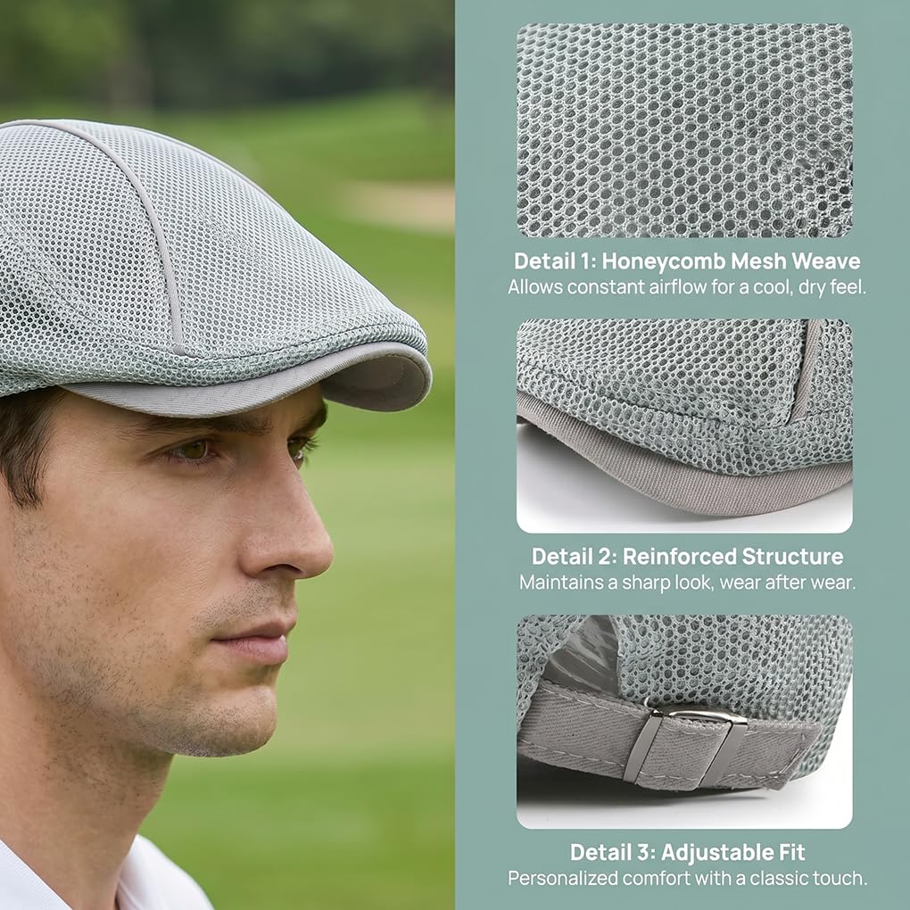 YAMEE Męska letnia czapka z siateczki z płaską czapką, męska oddychająca płaska czapka, czapka unisex Newsboy Cap, męska / damska czapka gazeciarska