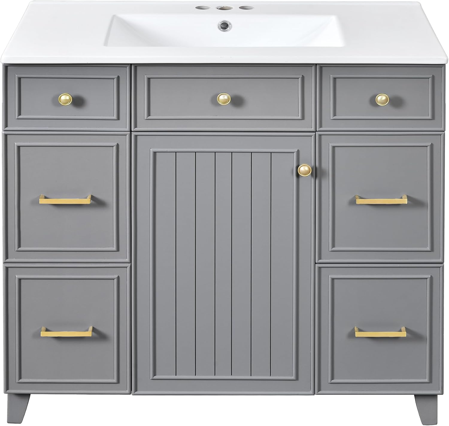 36" Bathroom Vanity with Ceramic Sink Countertop 1 Soft Close Doors 4 Drawers Adjustable Shelves Undermount Basin Vanity with Storage (Grey)