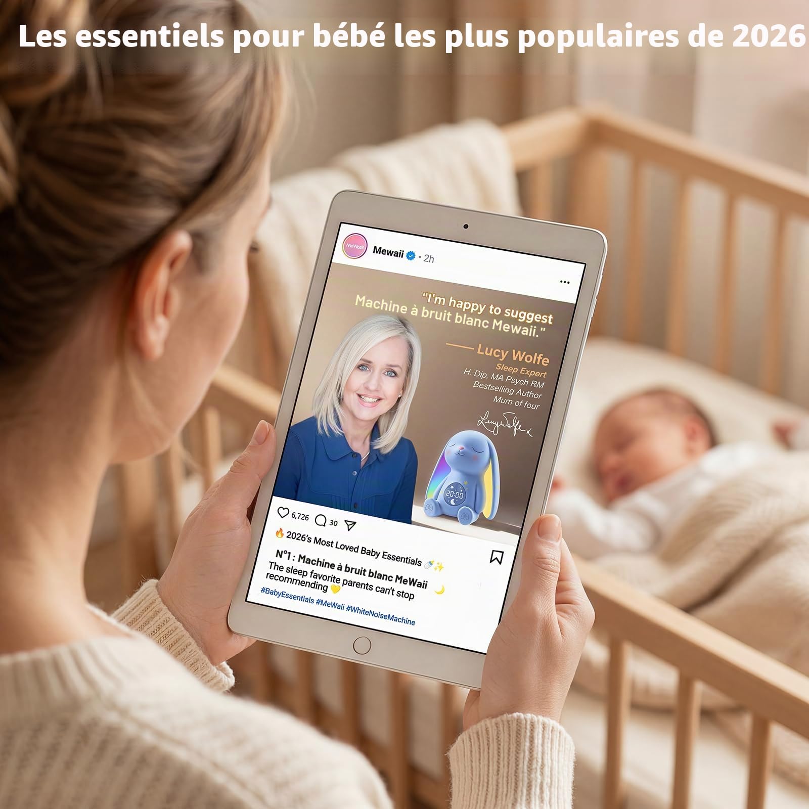 Mewaii Machine à Son pour Bébé avec Lumière Nuit, Détection des Pleurs, 100 Sons Relaxants, Contrôle App, Batterie Longue Durée
