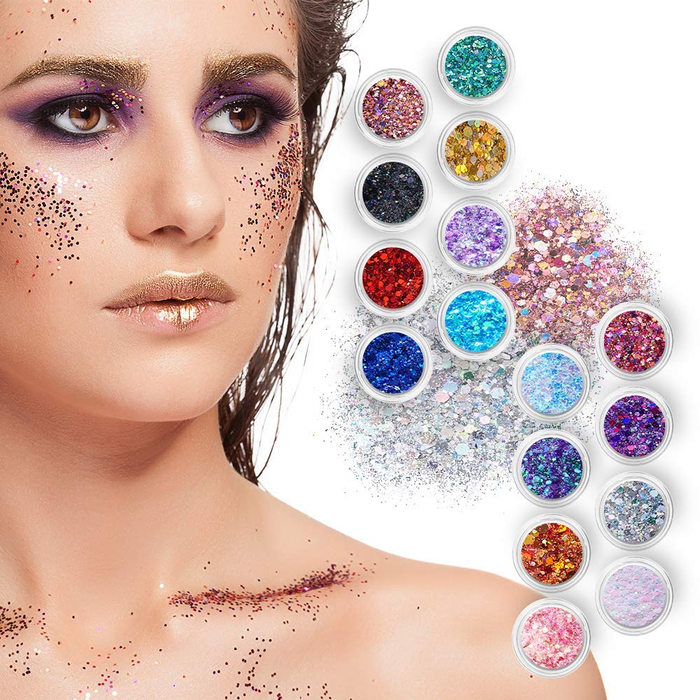 Chunky Cosmetic Holographic Glitter I Body, Face & Hair Safe I 16 Pack + 1 Glitter Glue : Beauty & Personal Care