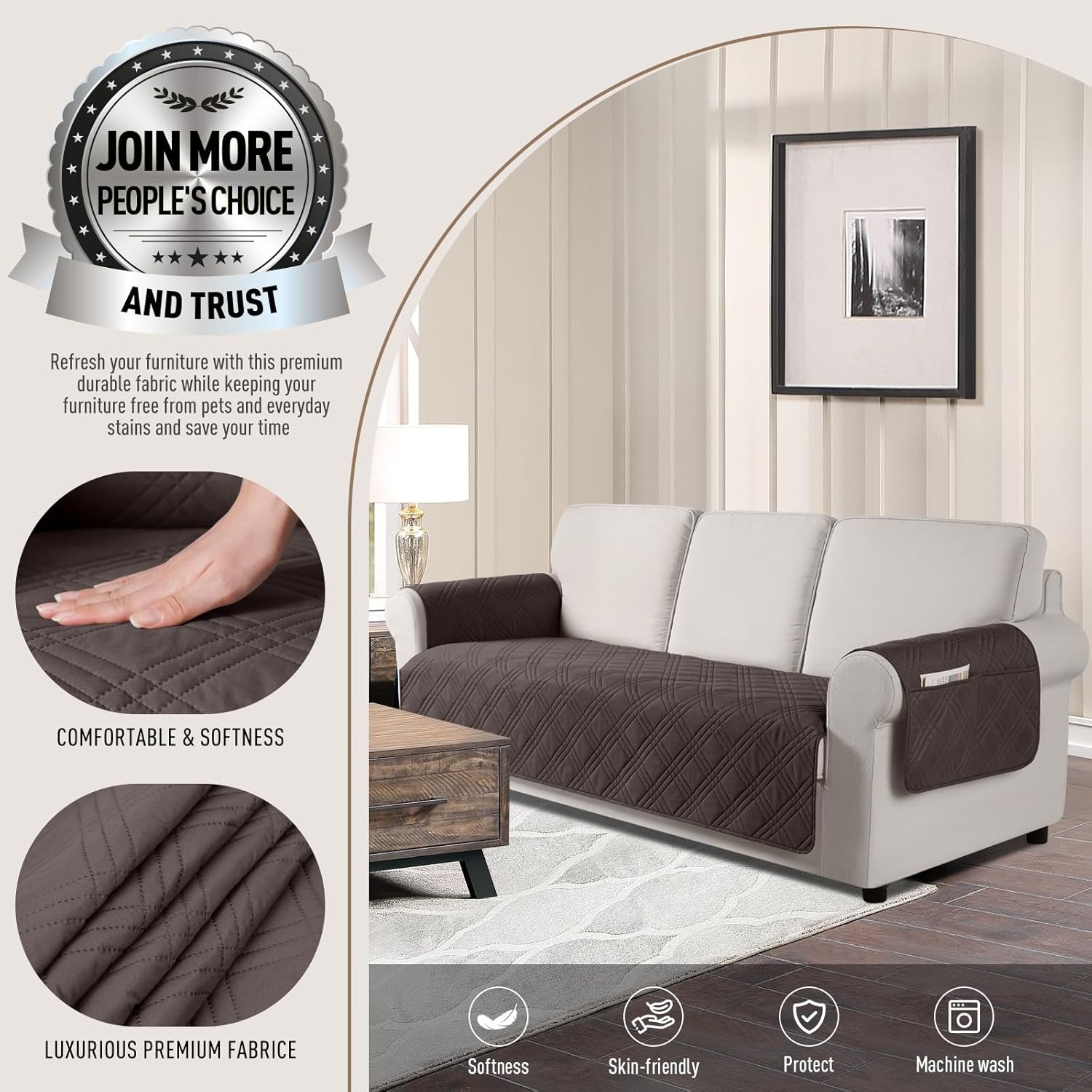 TAOCOCO Waterproof Sofa Covers for Dogs Pets with Non Slip Backing, Couch Seat Covers with Side Pocket for 3 Cushion Couch Washable Dog Couch Cover Protector Sofa Slipcovers(Sofa, Chocolate) - Image 2
