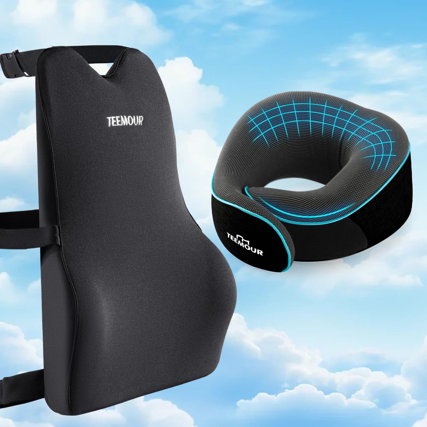 Teemour Lumbar Support Pillow for Car Improve Lower Back Pain Relief Memory Foam Travel Pillow with Eye Mask & Earplugs