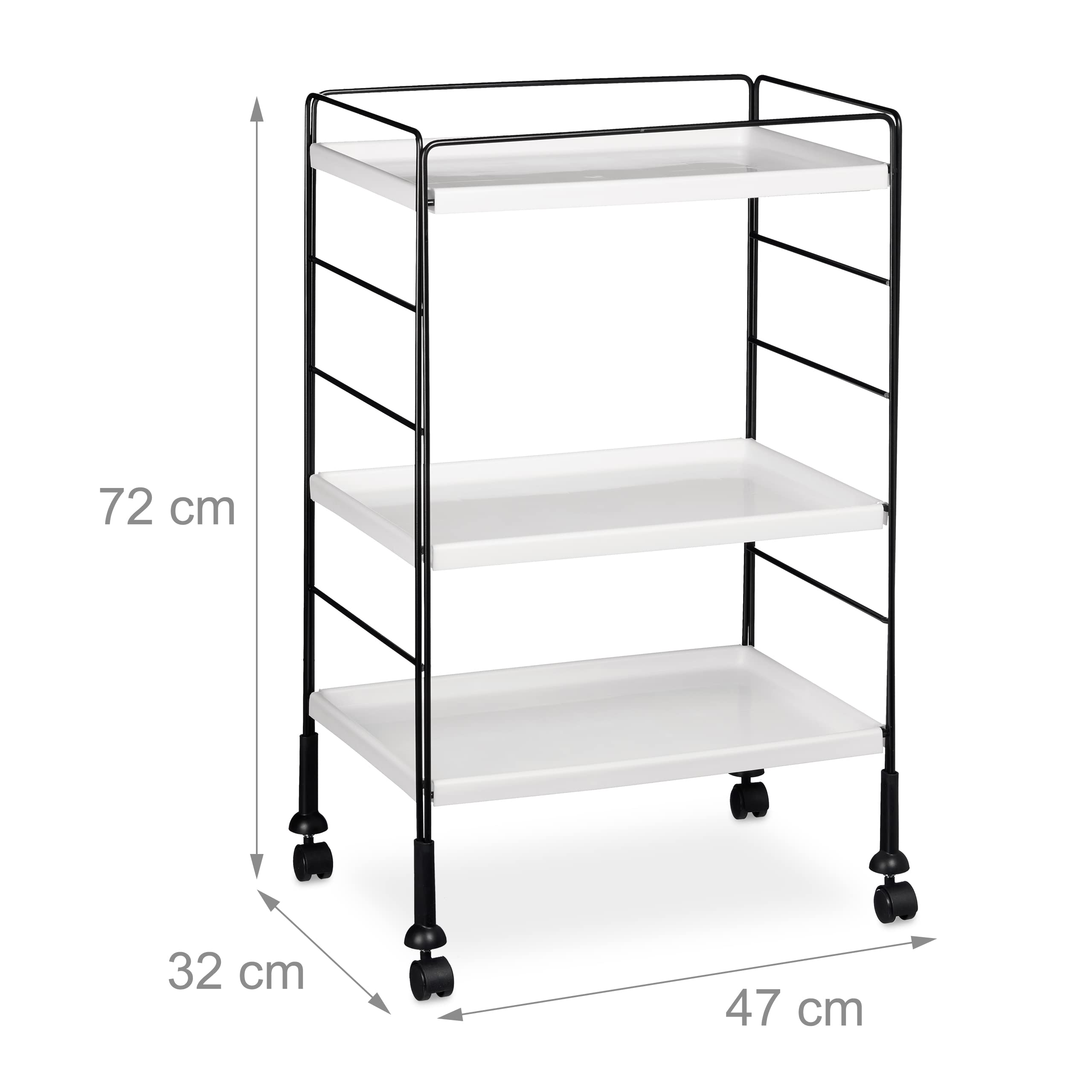 Relaxdays Multiroller, rozmiar: 72 x 47 x 32 cm, wózek pomocniczy z rolkami jako wózek kuchenny lub łazienka z 3 półkami, oszczędność miejsca Home ZOKA, biały, metalowy, mały pojedynczy