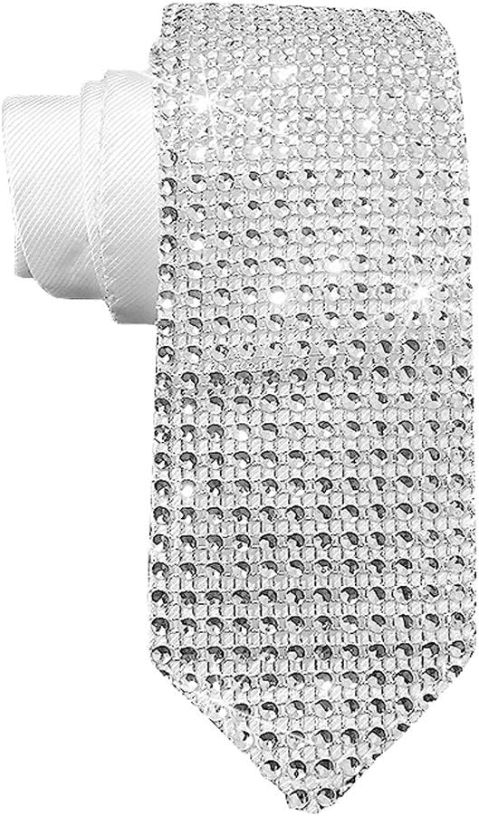 Men's Sequin Skinny Tie necktie Great for Weddings, Parties, Costumes, Halloween Sequin Sparkle Necktie White, 57inch