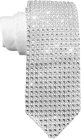 Mens Sequin Skinny Tie necktie Great for Weddings, Parties, Costumes, Halloween Sequin Sparkle Necktie White, 57inch