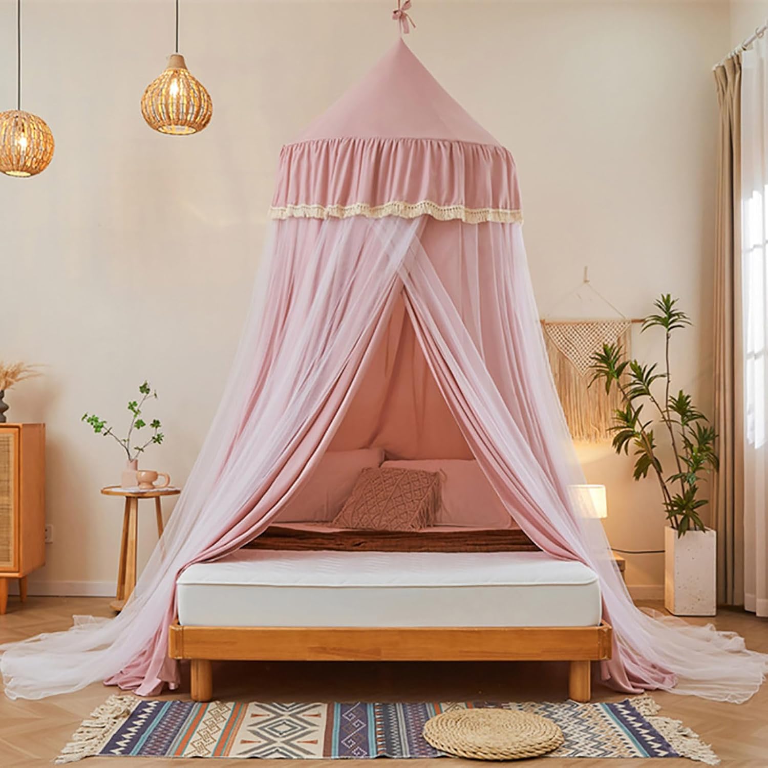 BK&MF Princess Dome Bed Canopy for Girls' Rooms, Double-Layer Sheer Mosquito Net, Blackout Bed Curtain for Beds 39–87 Inches Wide, Ceiling Mount for Bedroom Decoration,Pink 1