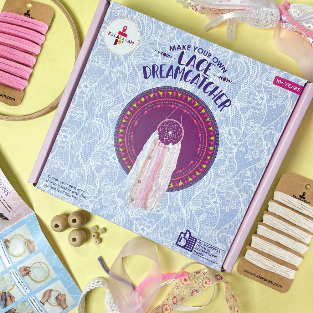 Kalakaram Lace Dream Catcher Kit - Create a Magical Dream Catcher with Wooden Ring, Ribbons, Lace, Threads & Beads - Complete Craft Set for Girls, Teens & Adults