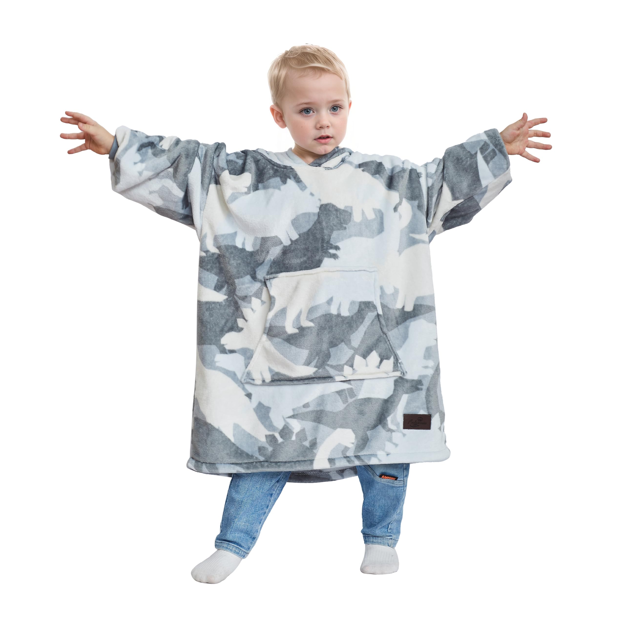 Catalonia Classy Girls Gray Dinosaur Kids Hoodie Blanket, Oversized Snuggle Hoodie Kids, Boys Snuggle Wearable Blanket, Sherpa Fluffy Giant Hooded Sweatshirt For Teens,