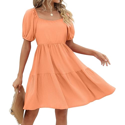 Womens Dresses Square Neck Puff Sleeve Casual Loose Spring A-Line Dresses