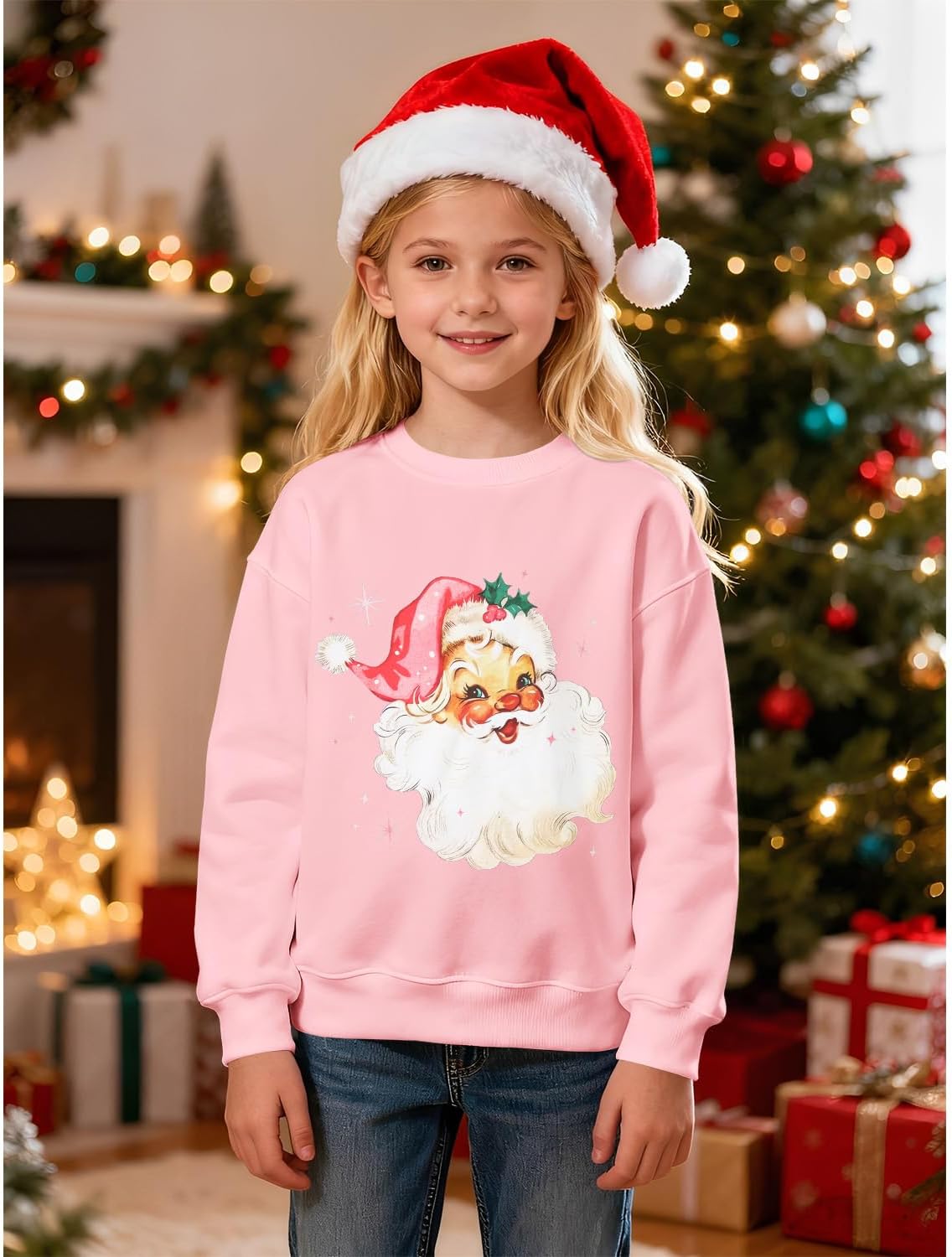 Ritatte Kids Girls Christmas Sweatshirts Retro Santa Claus Pullover Vintage Pink Santa Long Sleeve Shirts Xmas Holiday Tops