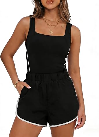 Chunpin Womens Athletic Rompers Summer Short Jumpsuits with Pockets | Sleeveless, Square Neck, 2026 Casual Shorts Romper, Workout One Piece, Vacation Outfits, Exercise, Active