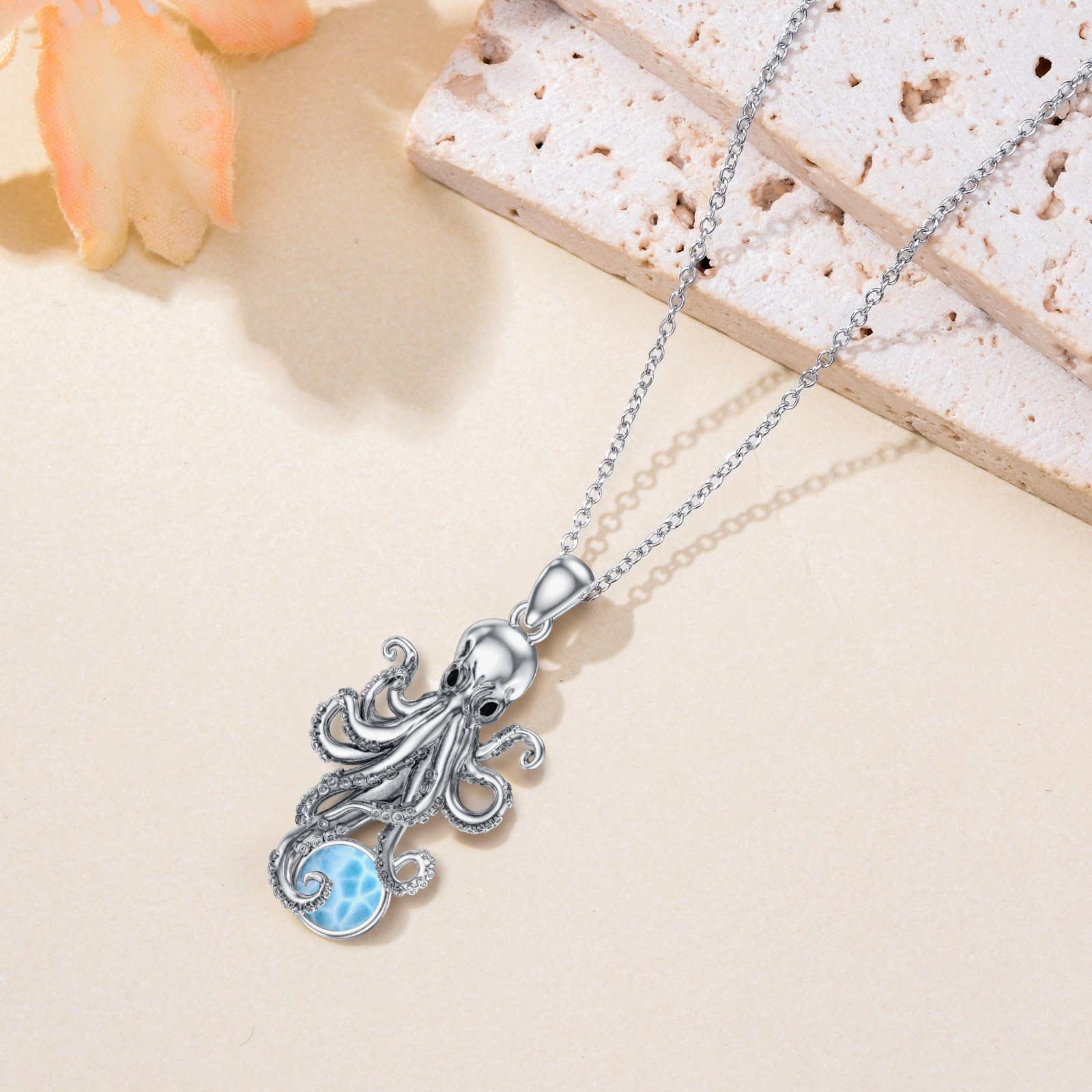 Oktopus-Halskette für Frauen 925 Sterling Silber Natürlicher Larimar Oktopus-Anhänger Halskette Meeres-Tier-Schmuck Geschenke für Mama und Ehefrau