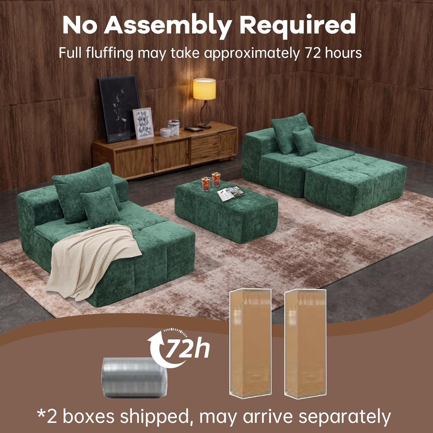 130.32" Modular Sectional Cloud Sofa,No Assembly Required Couch for Living Room,Skin-Friendly Chenille Fabric,Deep seat Sofa with Wide armrests