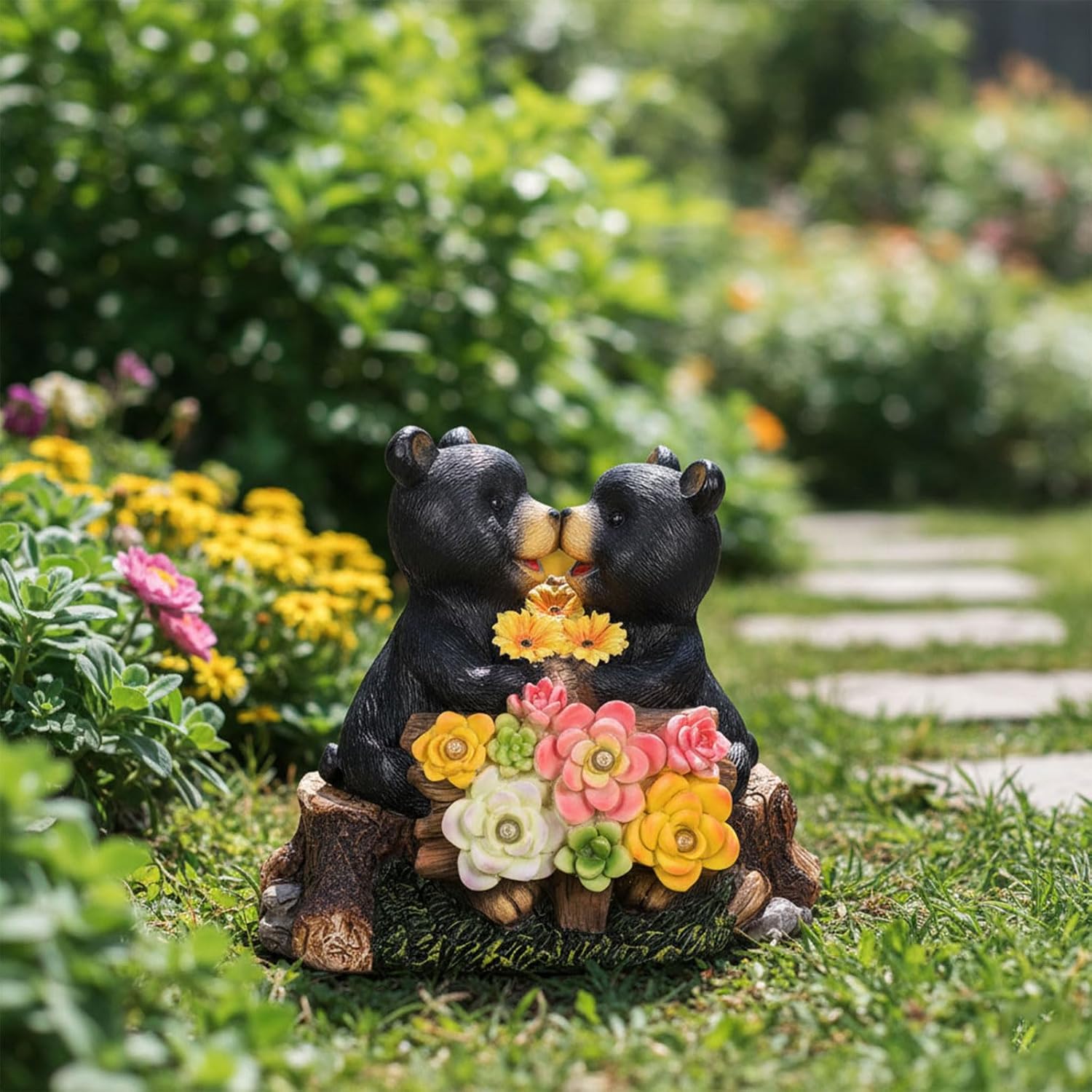 Solar Bear Garden Statues,Waterprrof Bear Outdoor Decor Resin Black Bear Figurine for Yard and Garden,Gifts for Mom, Women