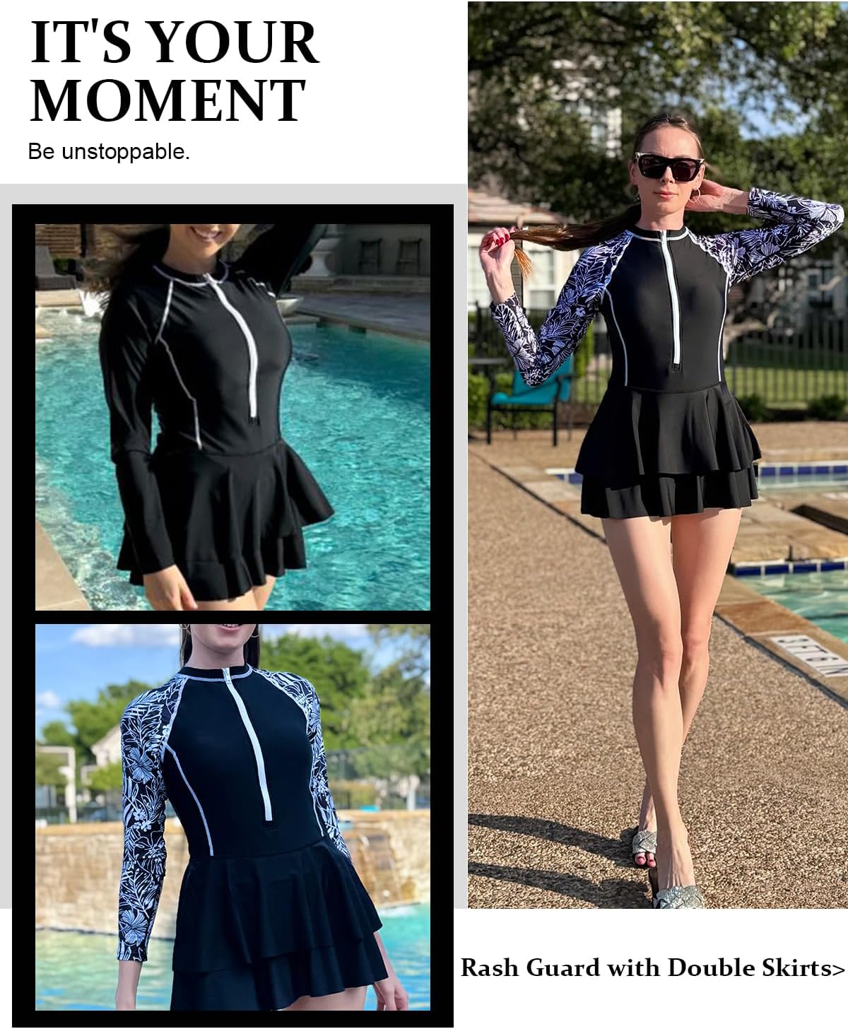 Daci Women Long Sleeve One Piece Rash Guard Modest Swimsuits Dress Zipper Bathing Suit Skirt with Short UPF 50+