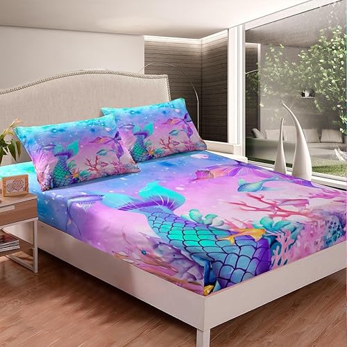 Miniatura 3 de Erosebridal Sábanas de sirena tamaño individual para niñas, diseño de galaxia rosa, océano y mar, juego de ropa de cama de peces coloridos, juego de