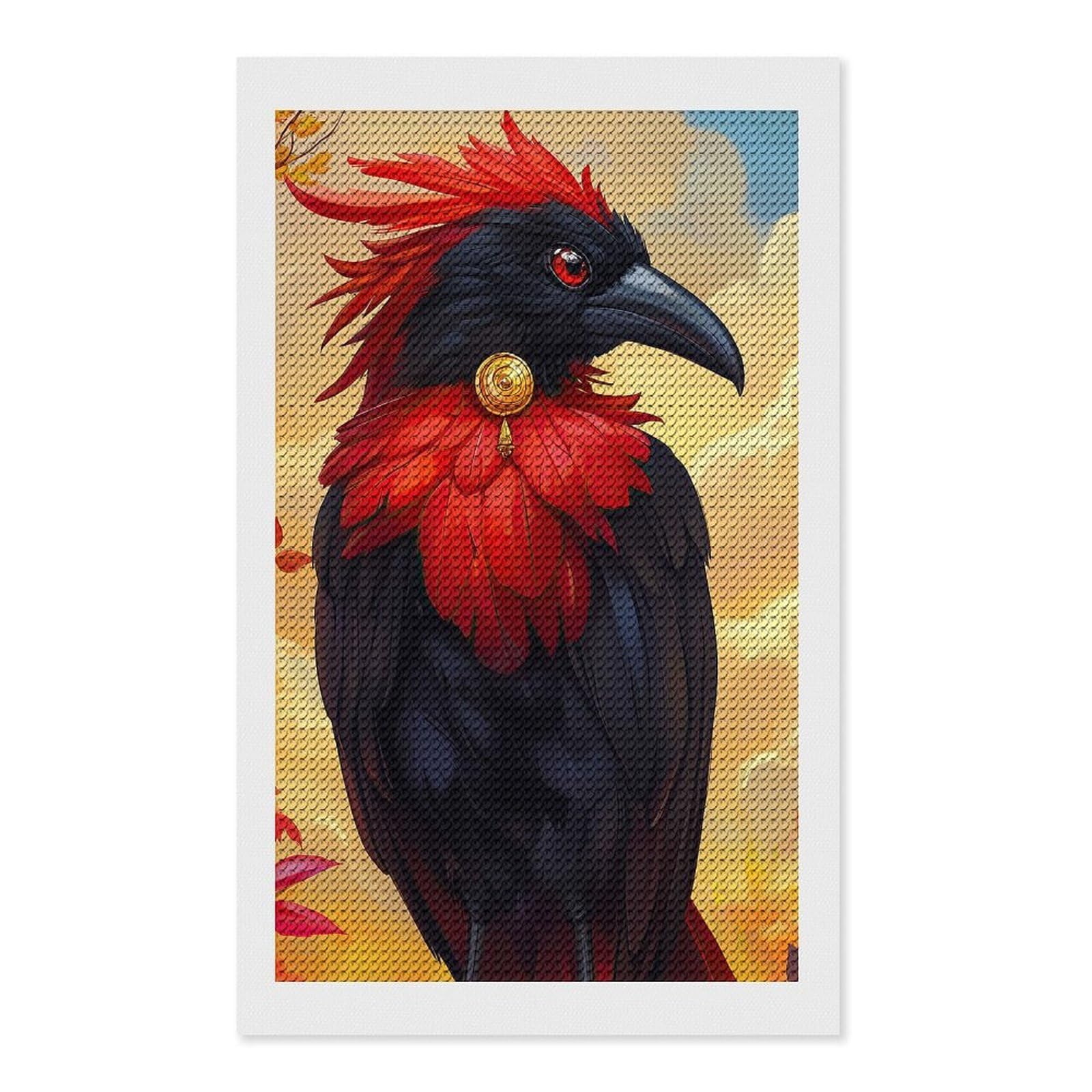Junmoney Red-Crested Raven DIY Diamond Art Canvas Kit 12"x20", Decorate Your Room, Sparkling Round Gems, Fun Craft Experience, Farmhouse Decor