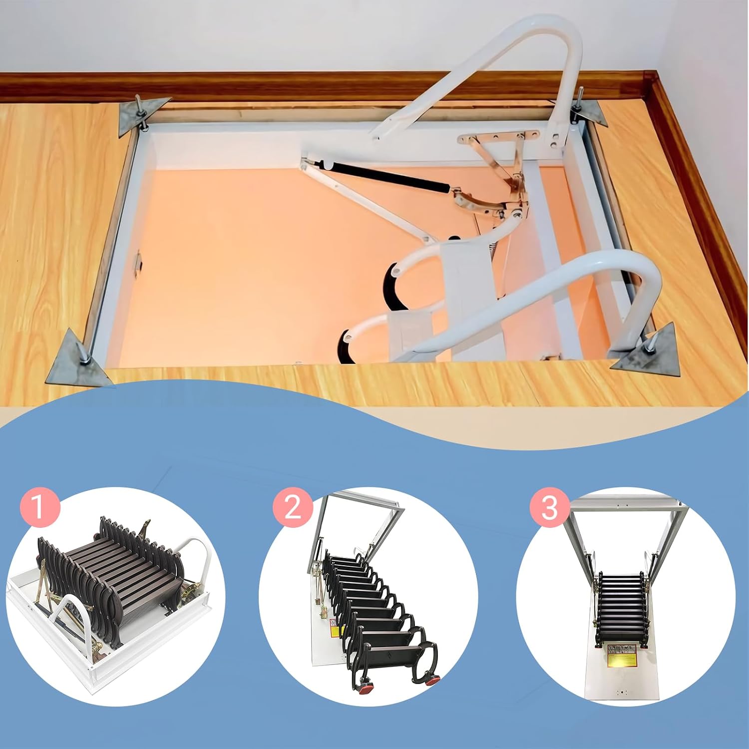 12 Steps Attic Ladder Pull Down System, Carbon Steel Attic Ceiling Folding Ladder Stairs, 9.84ft Height, 660 lbs Load, Ceiling Open Size 27.56'' x 47.24'', Chocolate S-Bend Structure
