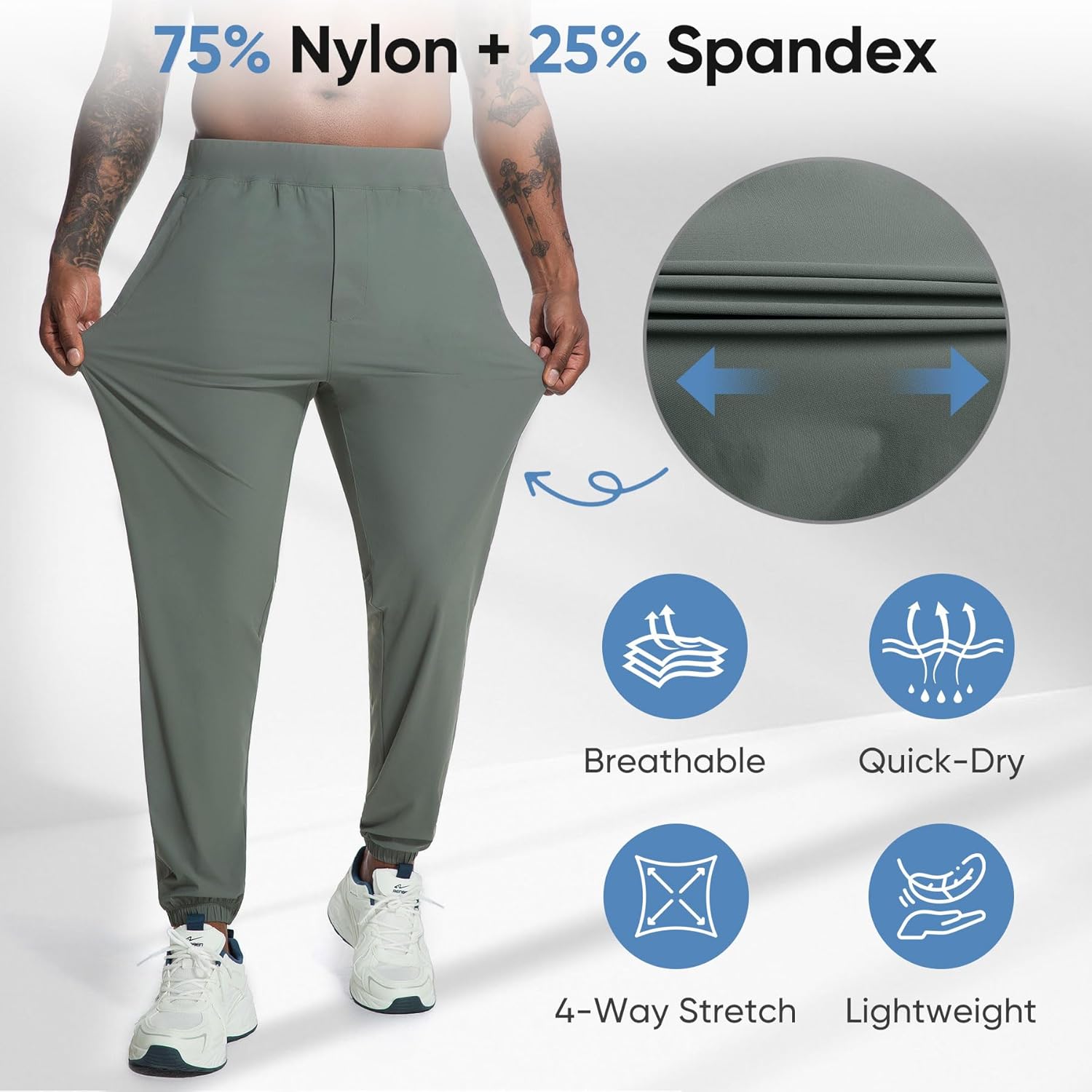 MERIDIANO Mens Hiking Pants Lightweight Quick-Dry Nylon Stretchy Joggers with Zipper Pocket Active Pants Outdoor Gym Travel