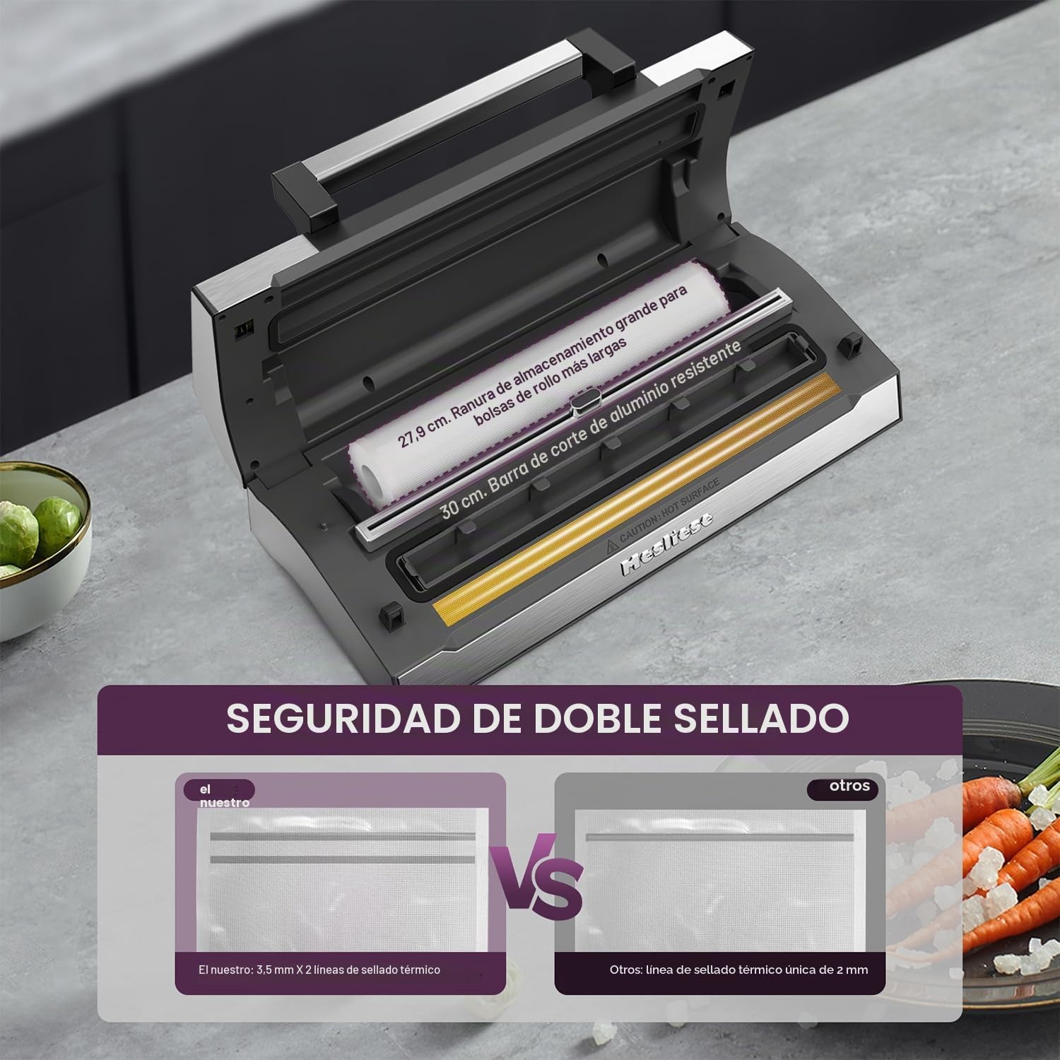Mesliese Envasadora al vacío 95 kPa 140W, 20 L/min, doble sellado, cortador integrado, + 2 tapas de vacío para tarros y frascos