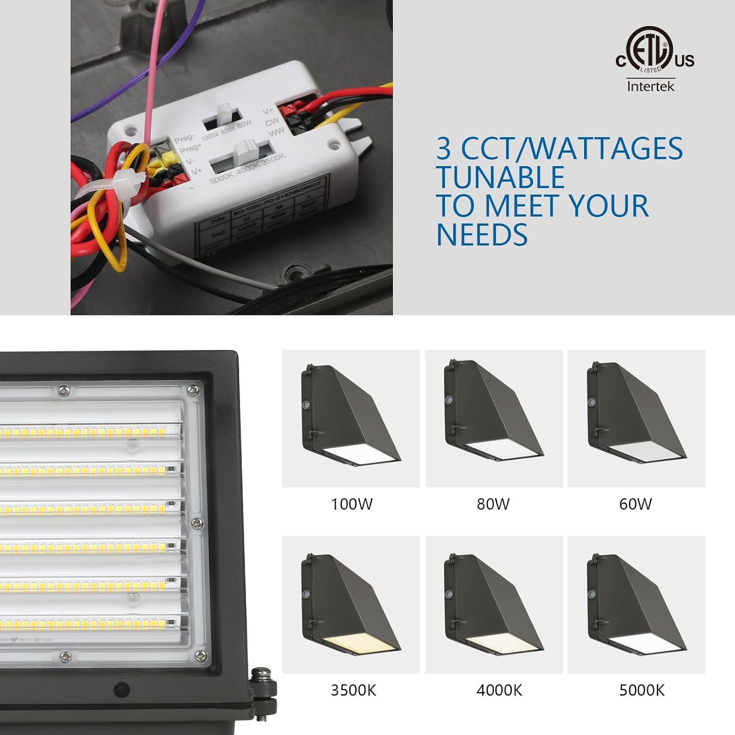 Dimmable Full Cutoff LED Wall Pack Light with Dusk to Dawn Photocell, 100W/80W/60W & 3500K/4000K/5000K Tunable, 100-277V IP65 Outdoor Exterior Lighting for Alleyways Warehouse, ETL Listed