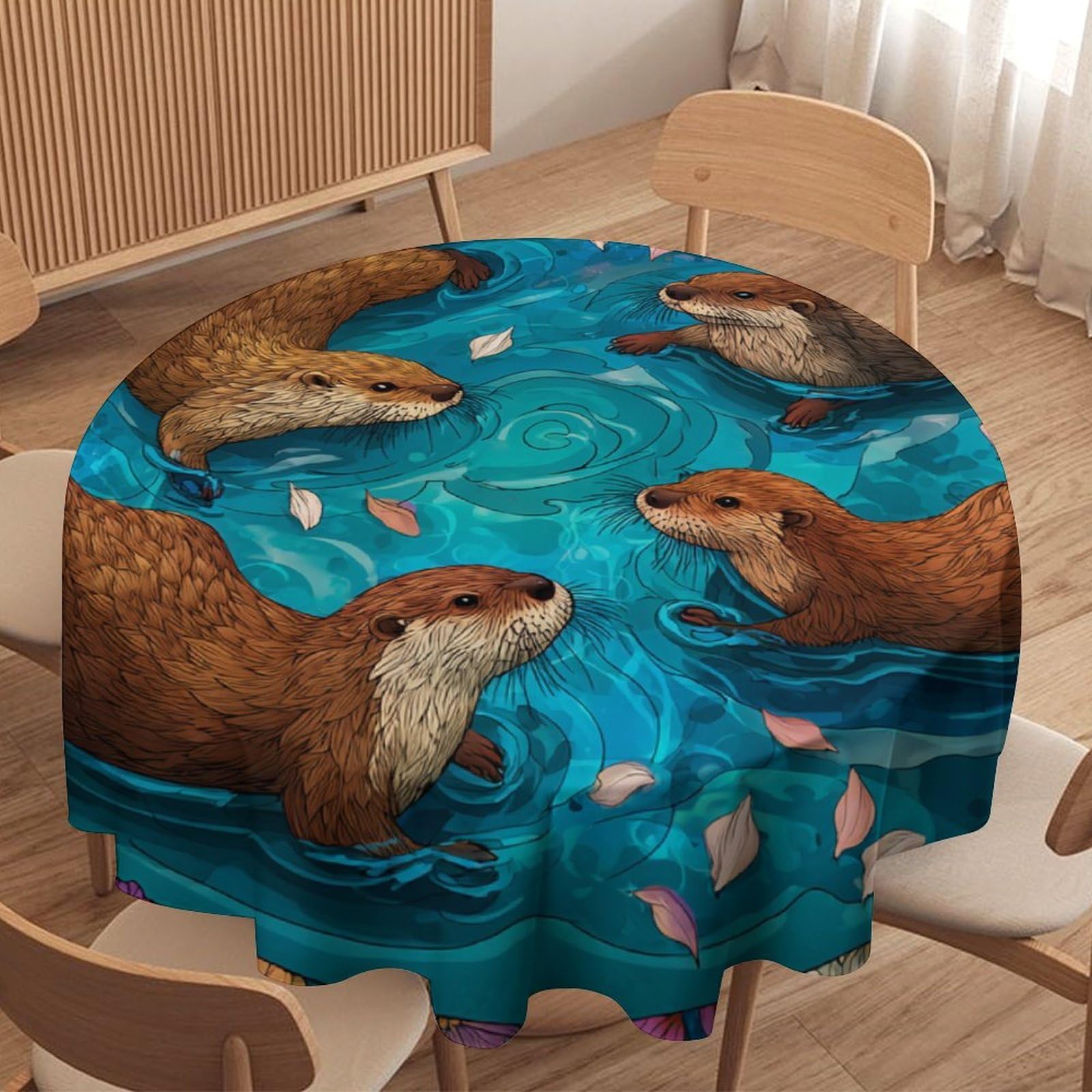 LUYYSKY Beautiful Realistic Cute Otters Waterproof Round Tablecloth Colorful Rustic Spring Plants Flowers Animals Otters Print Washable Table Cover for Kitchen-177.8" Wx177.8 L cm