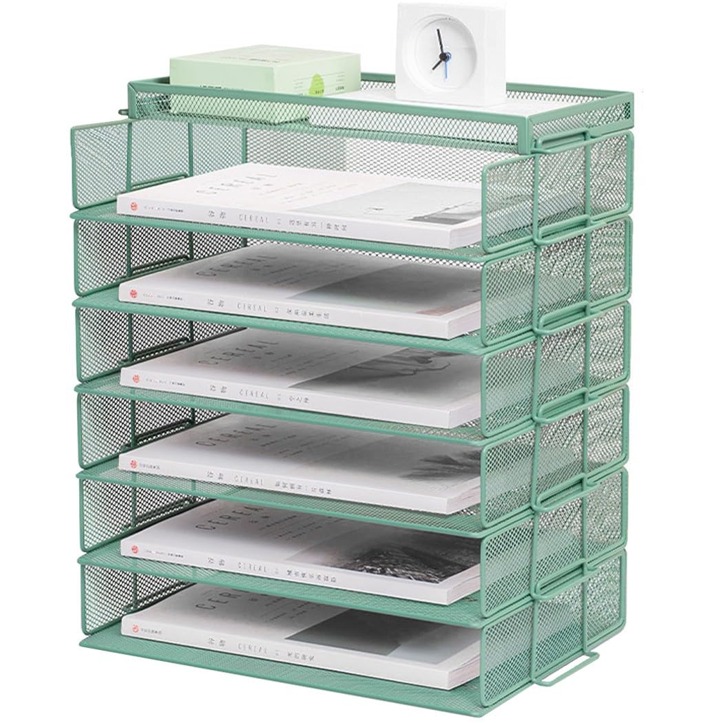 ZESLIV Desk Organiser with File Holder, 6-Tier Paper Organiser with Drawer and Top Box, Mesh Desk File Organiser with Magazine Holder for Office Organiser, Green
