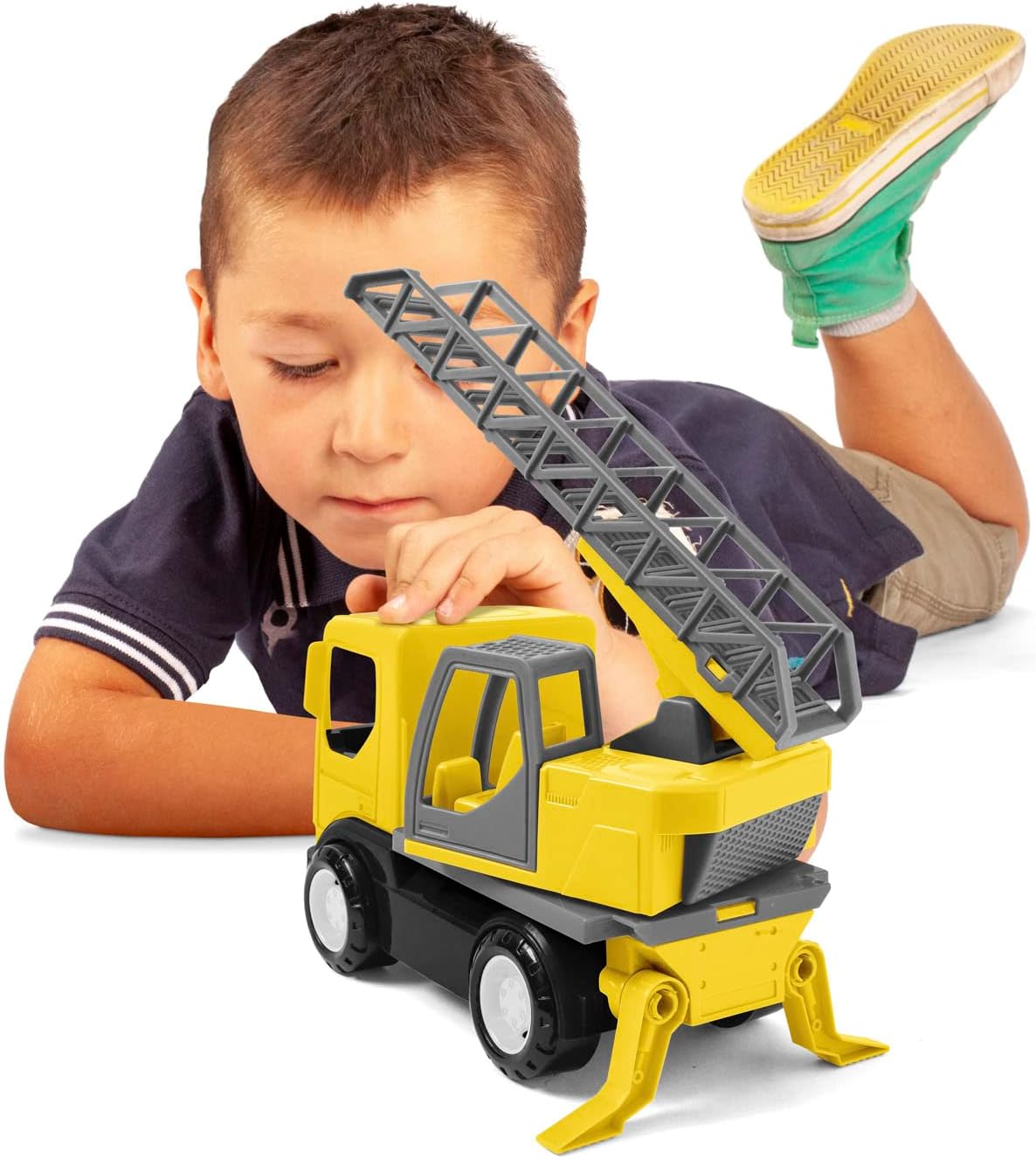 Wader 35369 Tech Truck 35369-Tech Fire Brigade with Ladder, Rotating Attachment, feet and Sturdy Steel axles, Approx. 31 x 14.5 x 19 cm, Yellow, from 12 Months, Ideal as a Gift for Creative Play