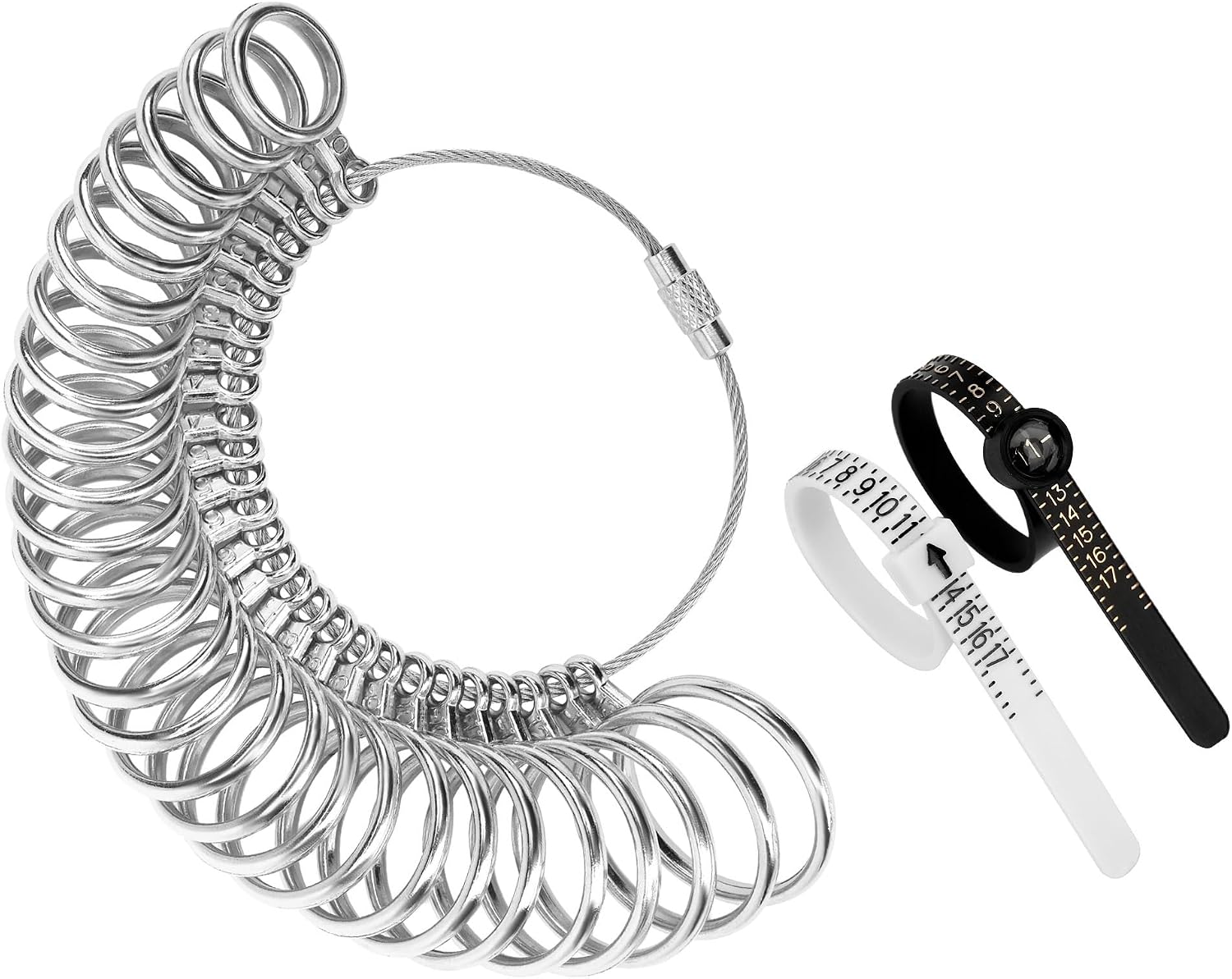 TUNQISM Ring Sizer Measuring Tool Kit, 27 PCS Stainless Steel Measuring Ring Tool, US Ring Size 0-13 with Half Size, 2 PCS Reusable Finger Size Tape with Magnified Glass 1-17 USA Rings Size
