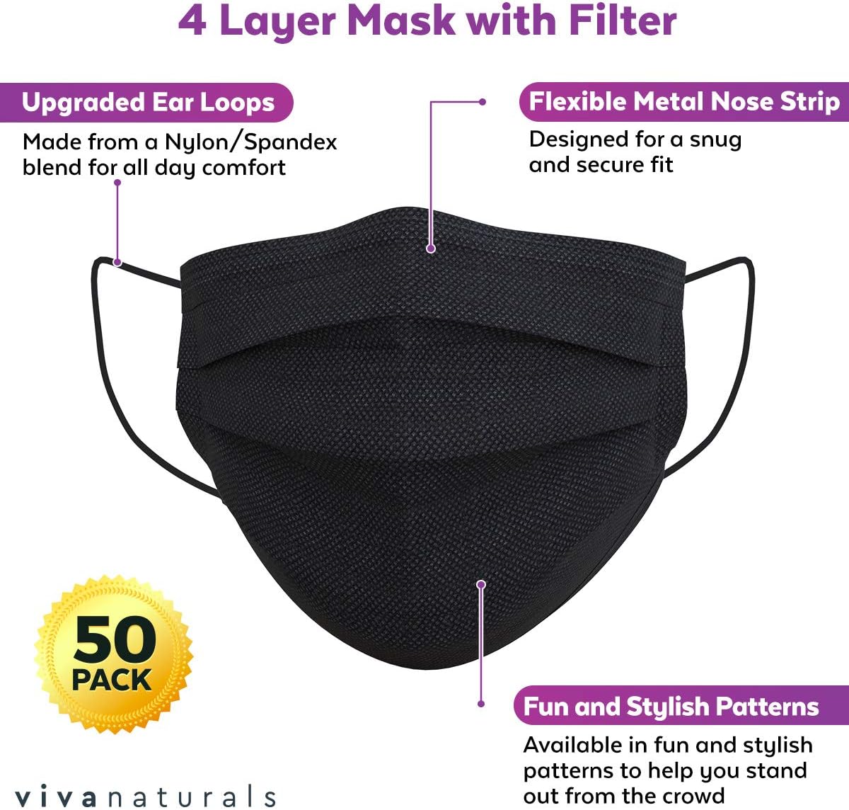 Non-Medical Adult Face Mask (50 Individually Wrapped Masks) - 4-Ply Non-Medical Black Disposable Face Masks, Premium Design With Comfortable Earloops & Adjustable Metal Nose Strip