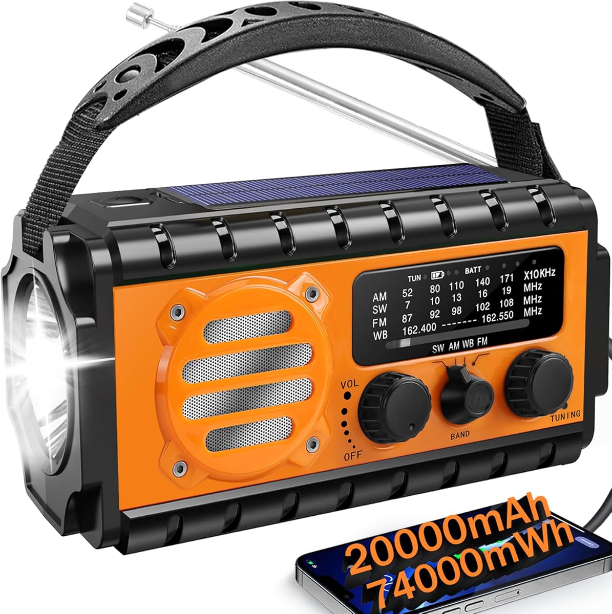 74000mWh Emergency Radio with NOAA Weather, Portable Hand Crank SW/AM/FM Survival Radio with Fast Charge Rechargeable Solar Battery, Flashlight, Reading Lamp,SOS Sirenor Home Outdoor