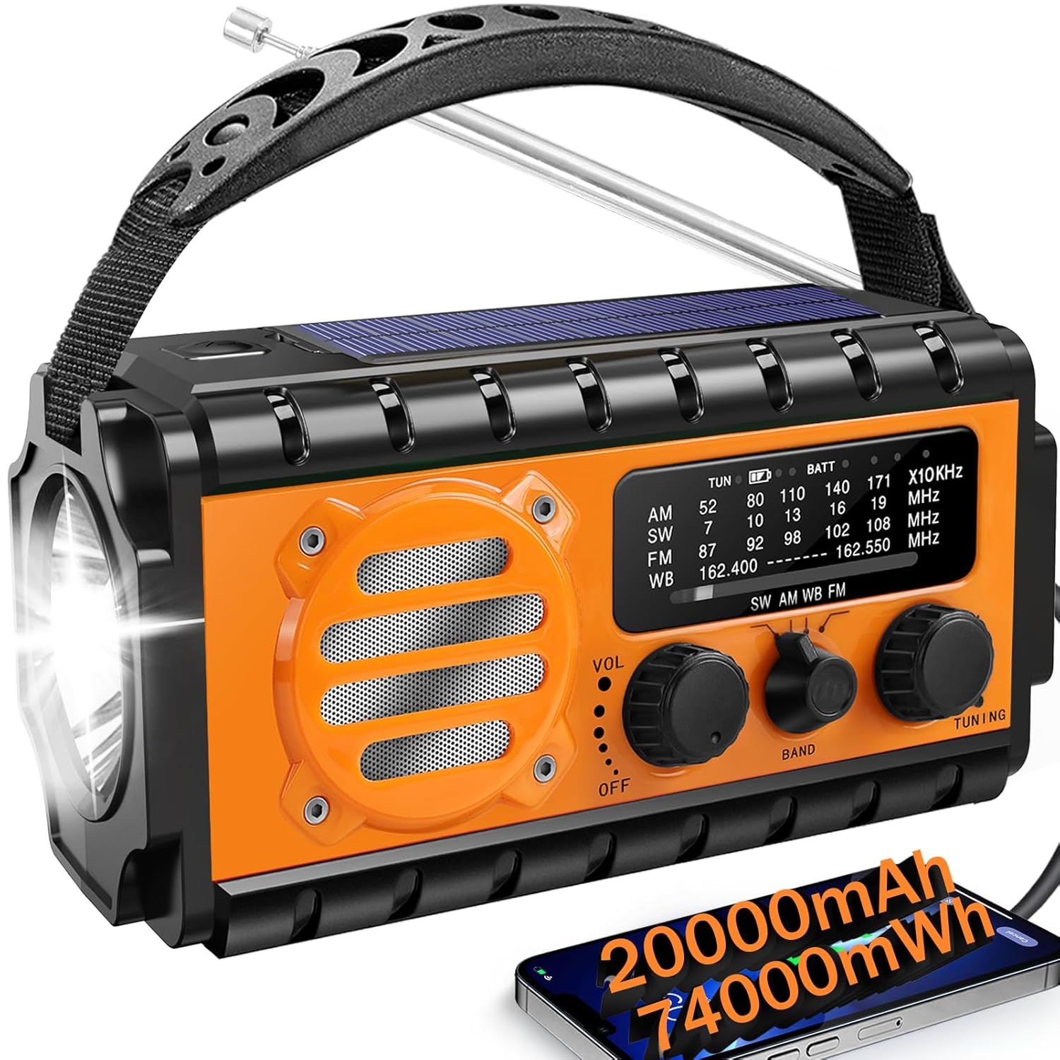74000mWh Emergency Radio with NOAA Weather Portable Hand Crank SW AM FM Survival Radio with Fast Charge Rechargeable