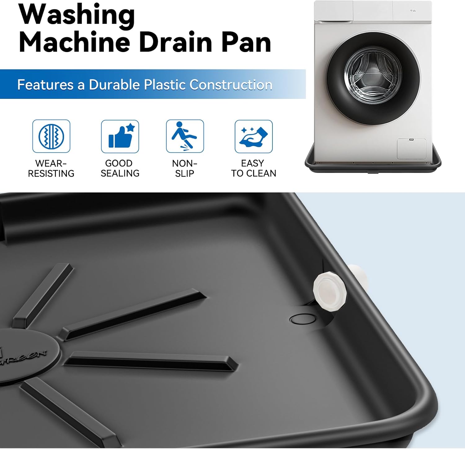 30x32inch Washing Machine Drain Pan, with Raised Edge, Features a Heavy Durable Plastic, Floor Protector - Protects Floors from Leaksf, with 1" Drain Fittings, Black