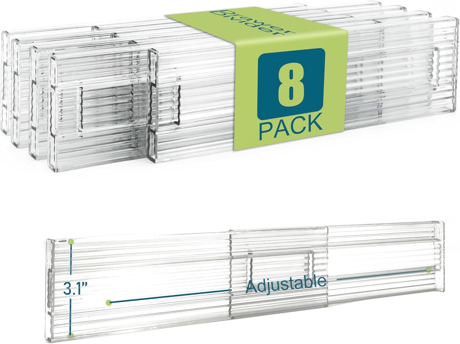 8 Pack Clear Drawer Dividers - 3.1'' Height, 11-19'' Adjustable Drawer Separators, Expandable Dresser Organizers in Bedroom, Bathroom, Closet, Clothing, Office, Kitchen Storage