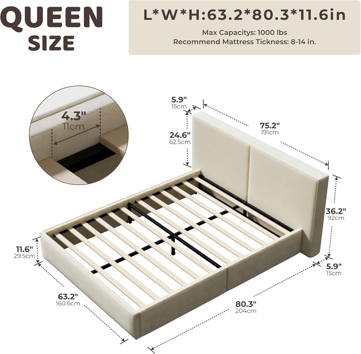 RECCI Queen Platform Bed Frame with Plush Upholstered Headboard 6-Inch, Easy Assembly, Noise-Free Stability (Beige, Queen (U.S. Standard))