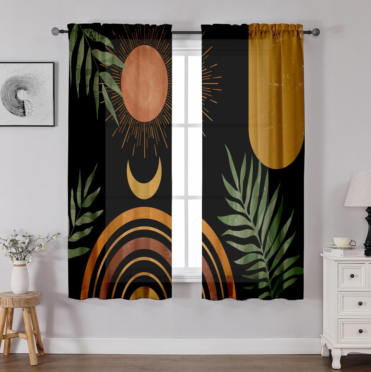 Black Boho Curtains 63 Inch Length 2 Panels, Mid Century Modern Curtains Light Filtering Bedroom Living Room Kitchen Curtain for Small Window, Abstract Orange Rainbow Botanical Drapes, 42x63 Inches