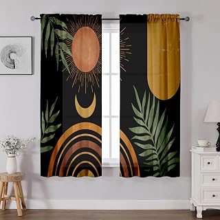 Black Boho Curtains 63 Inch Length 2 Panels, Mid Century Modern Curtains Light Filtering Bedroom Living Room Kitchen Curtain for Small Window, Abstract Orange Rainbow Botanical Drapes, 42x63 Inches