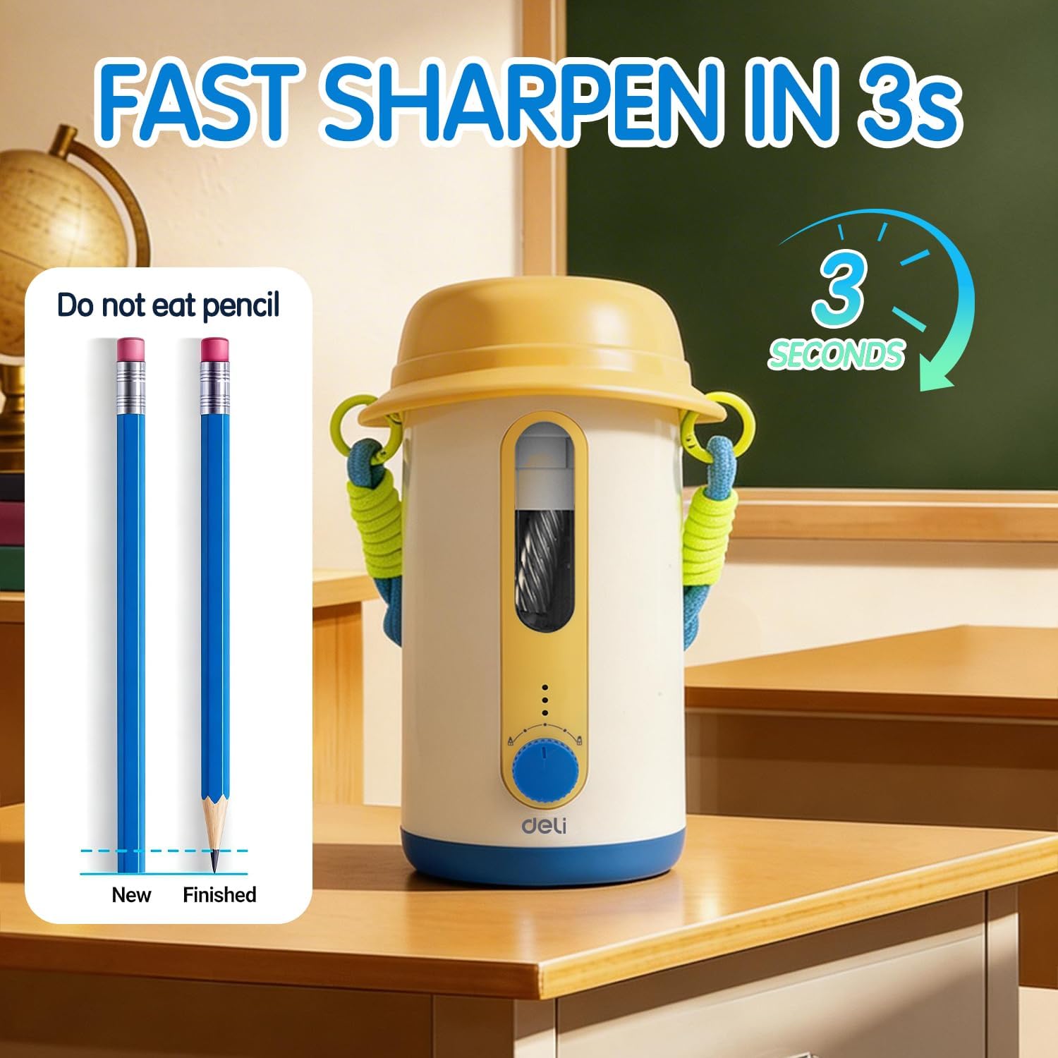 Electric Pencil Sharpener, Low Noise Fully Automatic Pencil Sharpener for Classroom,6.9-10.8mm Colored/Jumbo Pencils, Auto in & Out,Rechargeable Hands-Free Sharpener for Home/Office,Yellow